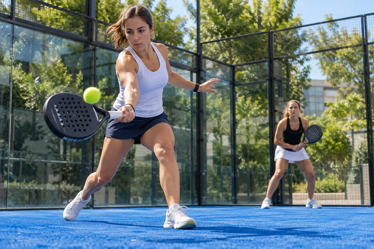 Escena ilustrativa de una mujer jugando un rally de pádel.
